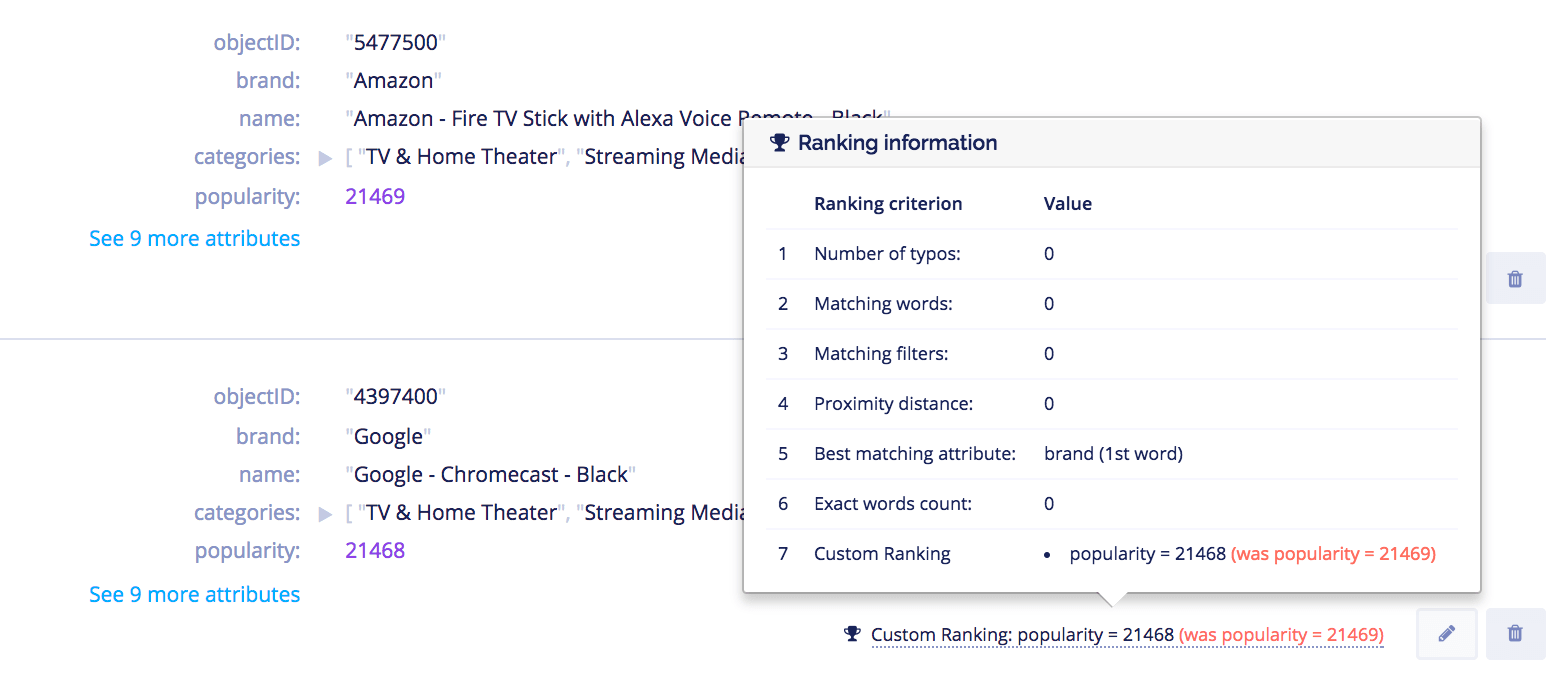 Debugging relevance in Algolia's dashboard